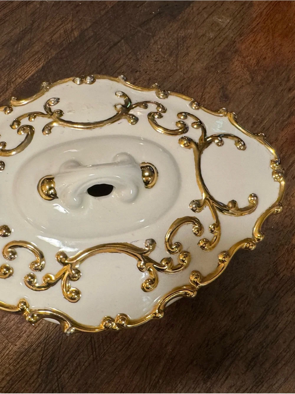 Vintage White Porcelain Trinket Box w/ Raised Gold Gilt Rococo Scrollwork